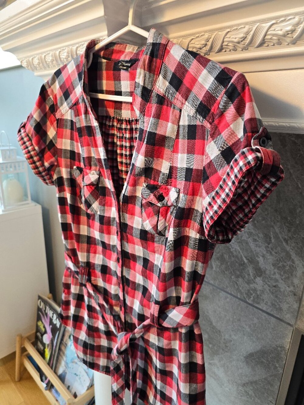 Guess Red & Black Plaid Short-Sleeve Button-Down Shirt Dress - Size XL